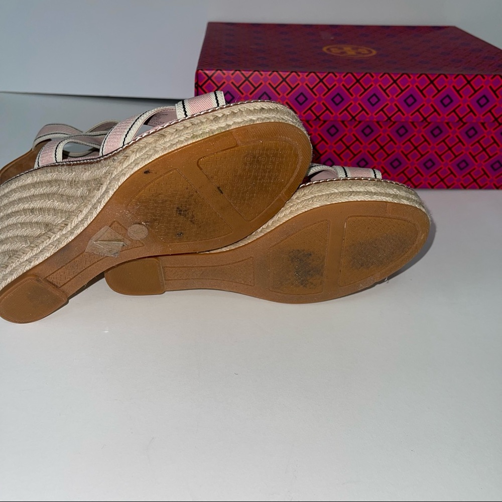 Tory Burch Frieda Espadrille -Stretch Webbing /Calf Leather &Strap Wedge Sandal - Picture 8 of 16